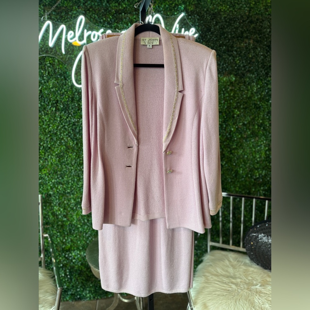 Elegant Lavender Women's St John Knit Jacket & Long Skirt Set w/ Embellishments